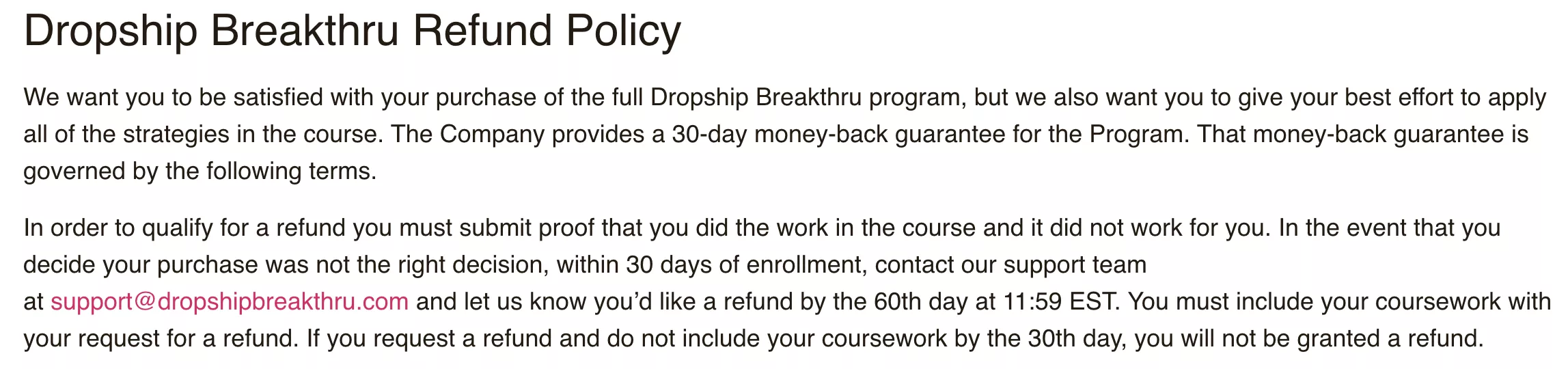 Dropship Breakthru Refund Policy